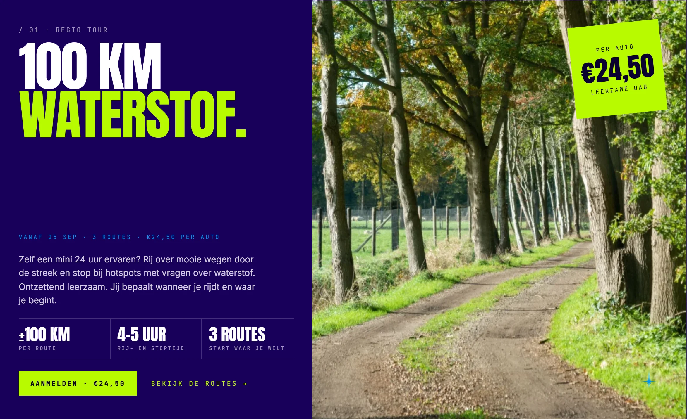 Regio Tour: 100 km waterstof. Vanaf 25 september, 3 routes, €24,50 per auto. Rij over mooie wegen door de streek en stop bij hotspots met vragen over waterstof. Aanmelden.